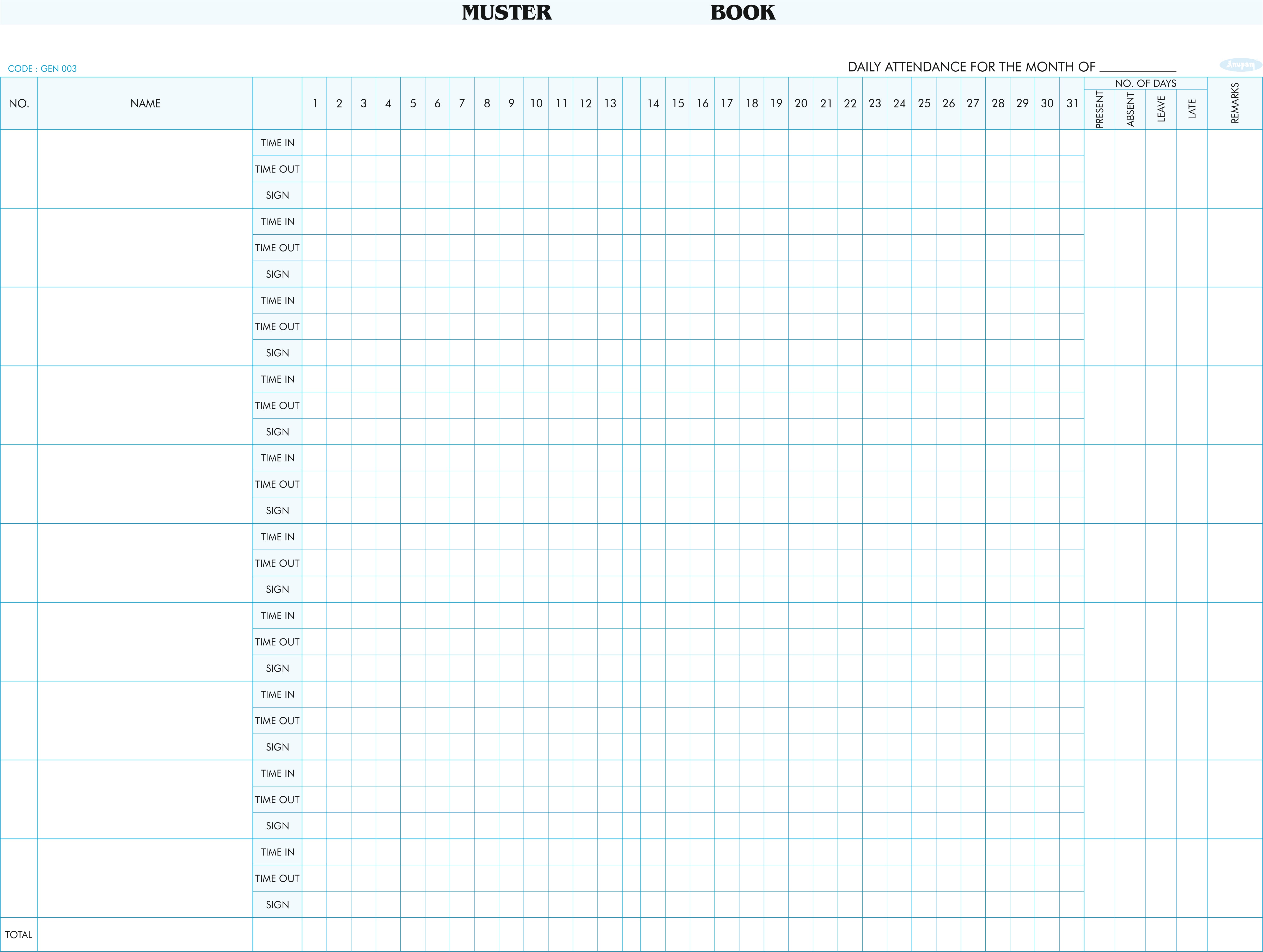 Anupam Attendance Register Signature Time in & Out-Attendance Tracker Book-Hard Bound Class Record Book with 10 Names Per Page-70 GSM-(003)